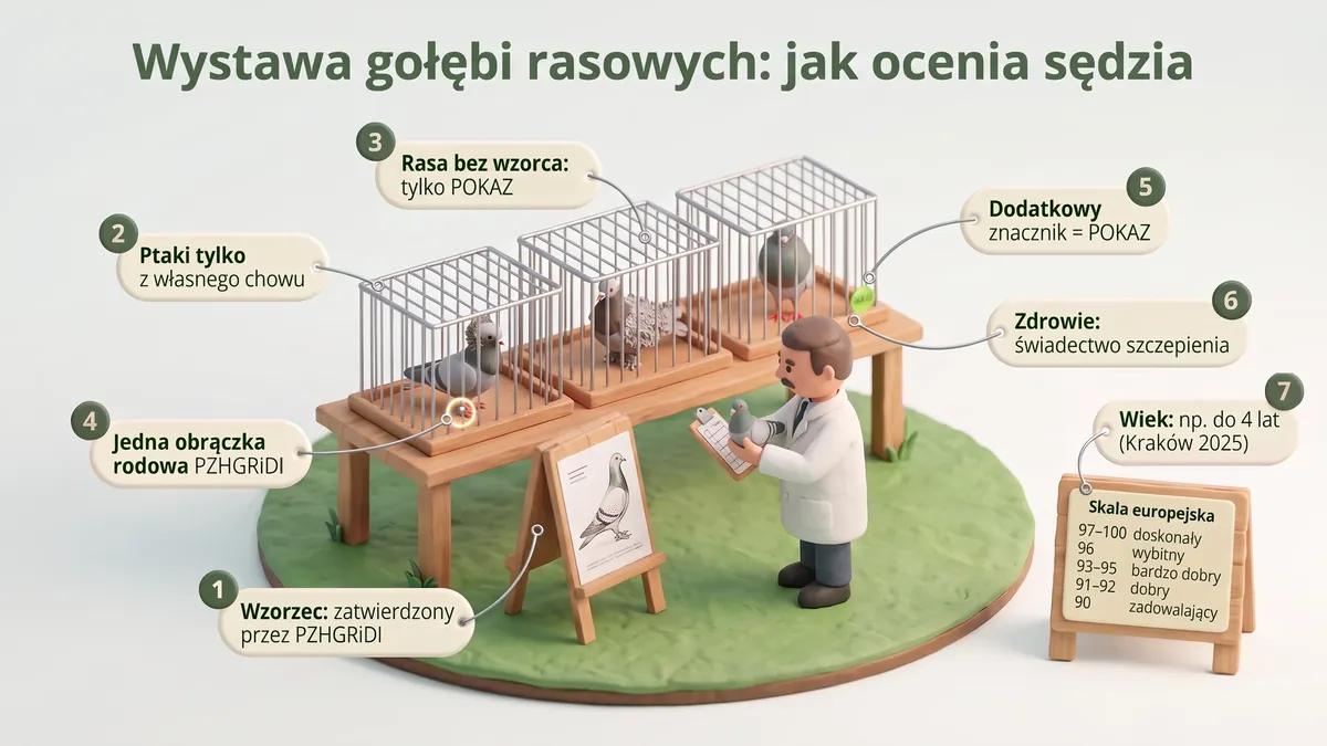 Sędzia ocenia gołębie rasowe w klatkach, tytuł „Wystawa gołębi rasowych: jak ocenia sędzia”: wzorzec PZHGRiDI, jedna obrączka, skala europejska 90-100