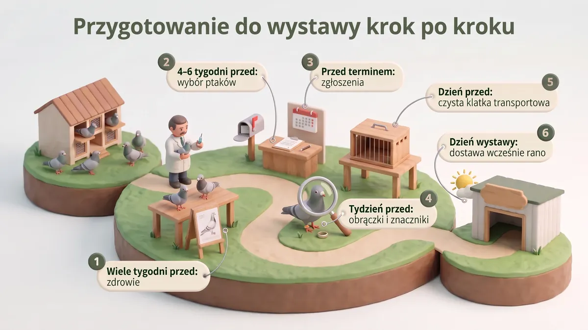 Hodowla gołębi rasowych, „Przygotowanie do wystawy krok po kroku”: zdrowie, wybór ptaków 4-6 tygodni przed, zgłoszenia, obrączki, klatka transportowa