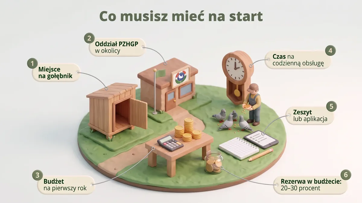 Hodowla gołębi pocztowych, „Co musisz mieć na start”: miejsce na gołębnik, oddział PZHGP, budżet, czas na obsługę, zeszyt lub aplikacja i rezerwa 20-30%