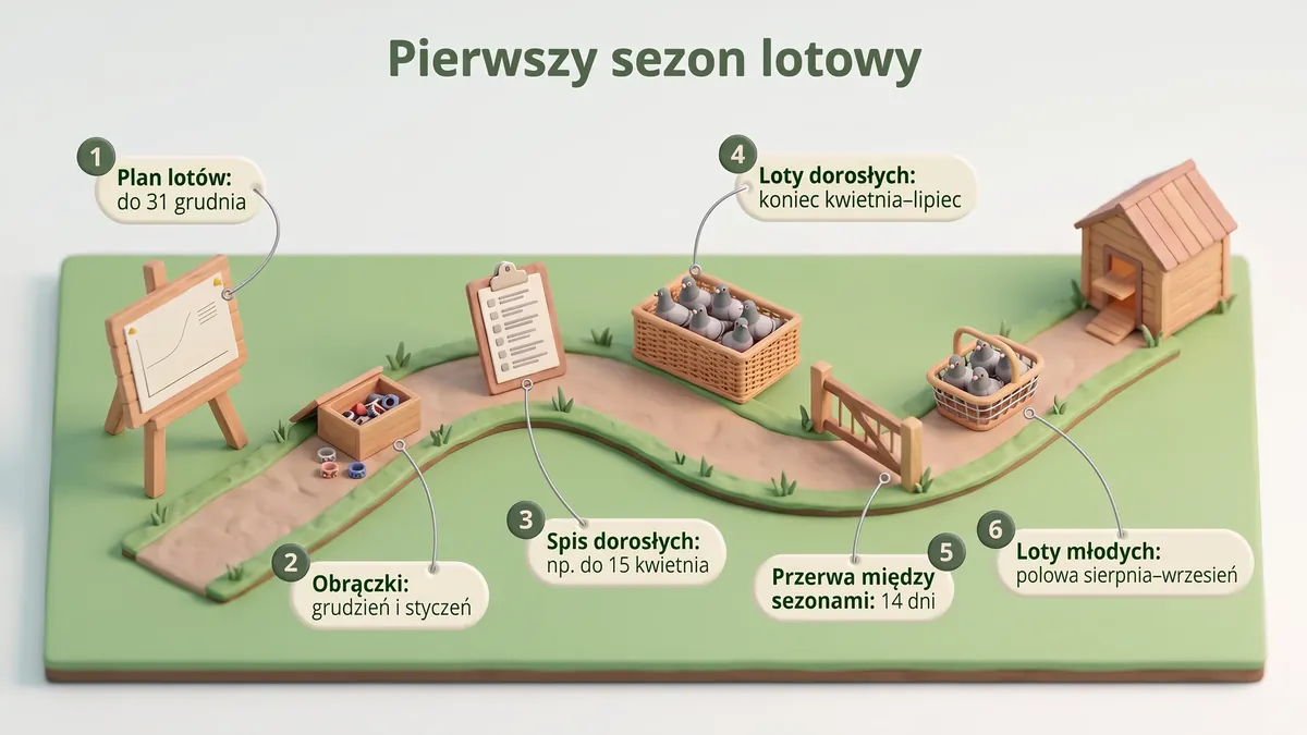 Ścieżka przez pierwszy sezon lotowy gołębi pocztowych: plan lotów do 31 grudnia, obrączki, spis do 15 kwietnia, loty dorosłych i młodych
