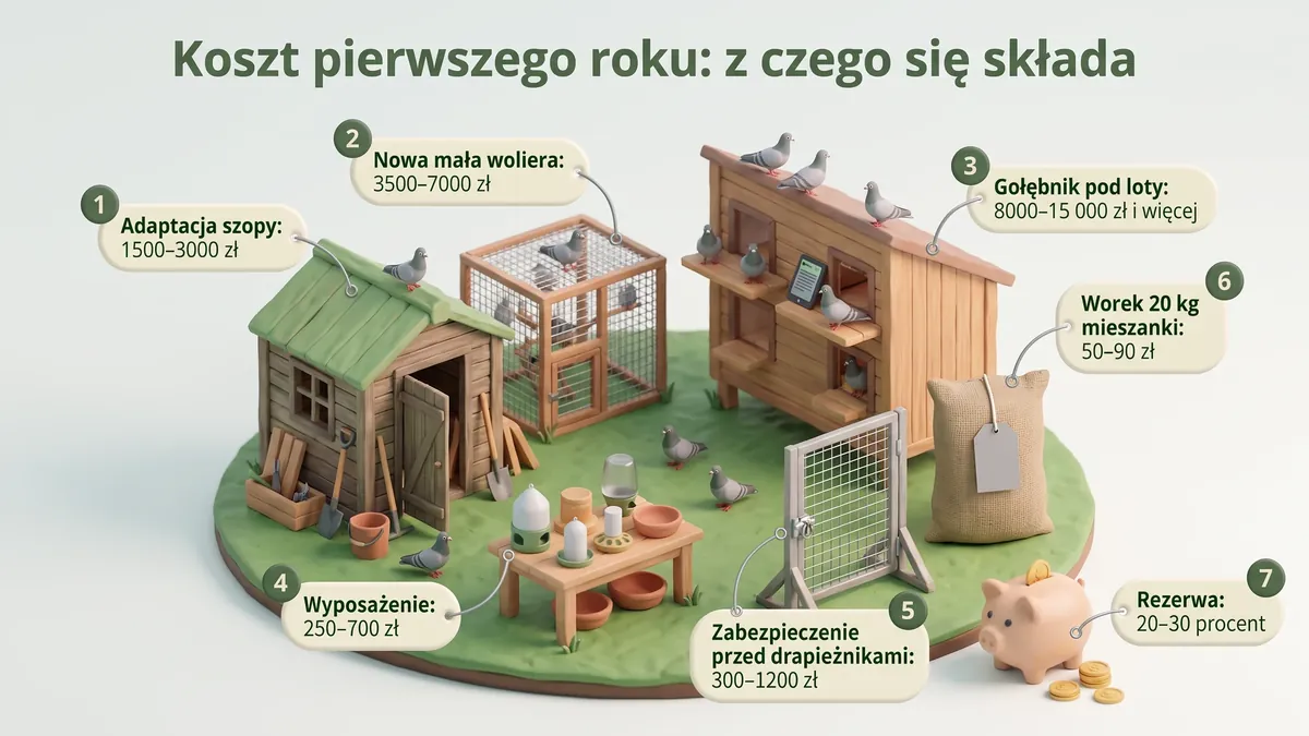 Hodowla gołębi, koszt pierwszego roku: szopa 1500-3000 zł, woliera 3500-7000 zł, gołębnik pod loty 8000-15 000 zł, worek mieszanki 50-90 zł, rezerwa 20-30%